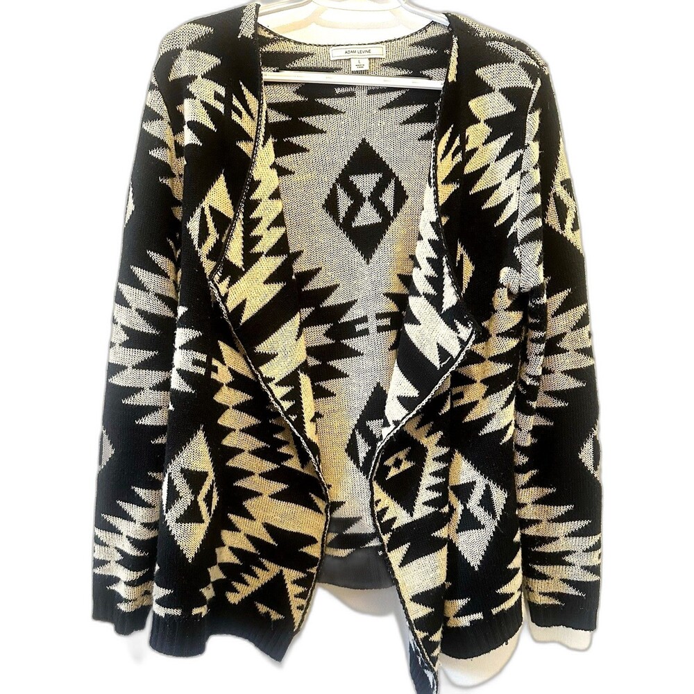 Adam Levine Aztec Open Front Cardigan Sweater Black Beige Southwestern Knit L